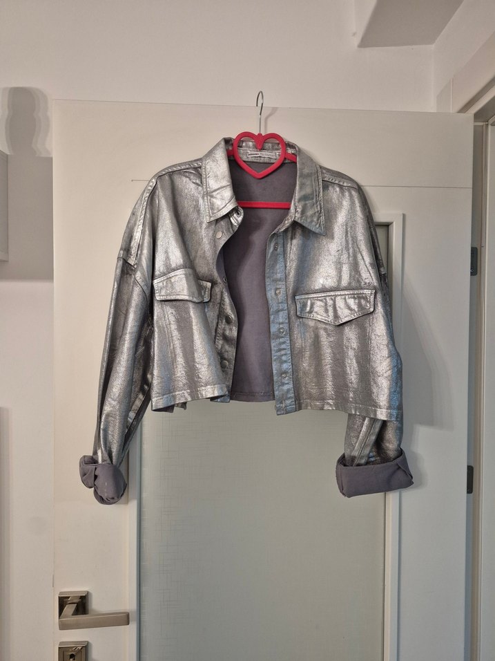 Parlak Gri Kadın Denim Ceket, Düğmeli, Salaş - Görsel 5