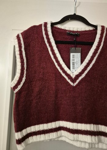 Bordo V Yaka Örgü Kadın Süveter - Görsel 2