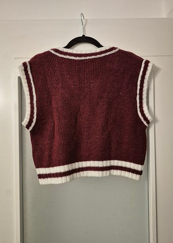 Bordo V Yaka Örgü Kadın Süveter - Görsel 4