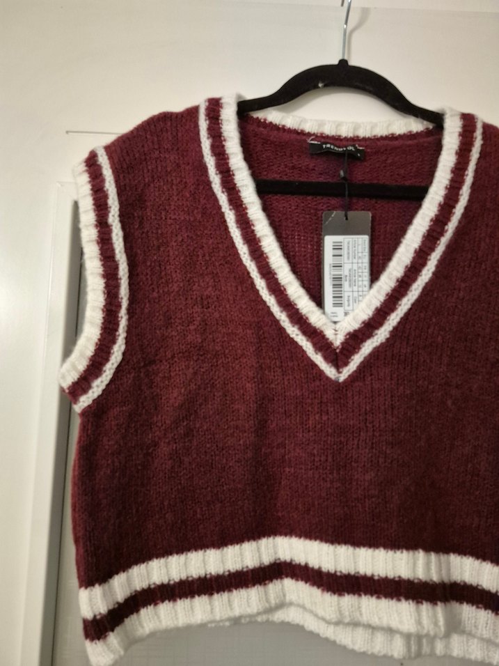 Bordo V Yaka Örgü Kadın Süveter - Görsel 2