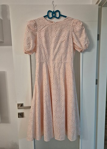 Dantel detaylı pembe uzun boy elbise - Görsel 7