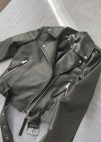 Diğer Siyah Deri Biker Ceket, Tokalı, İnce Kesim