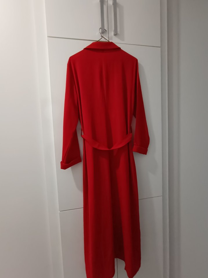 Kırmızı Uzun  Kadın trençkot - Görsel 3