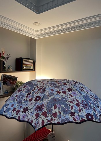 Şeffaf Mavi Çiçek Desenli Kadın Şemsiyesi - Kore Motifleriyle - Görsel 4