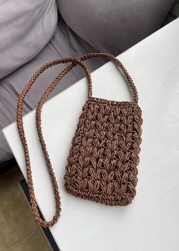 Acı kahve hasır telefon çantası - Görsel 8