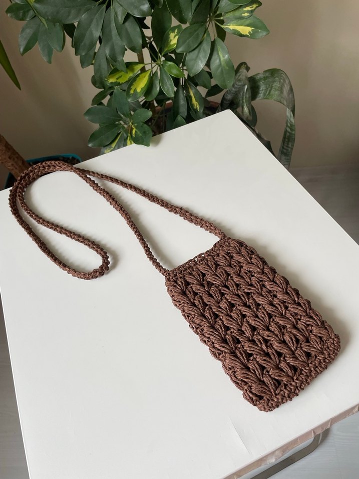 Acı kahve hasır telefon çantası - Görsel 4