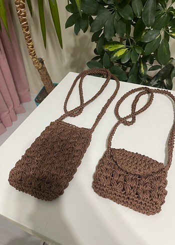 Acı kahve örgü hasır anne ve çocuk çantası takımı - Görsel 3