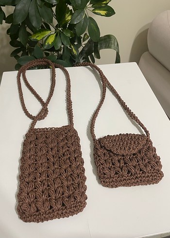 Acı kahve örgü hasır anne ve çocuk çantası takımı - Görsel 2