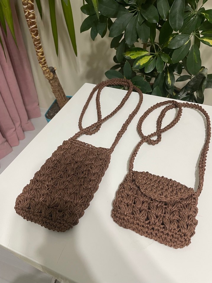 Acı kahve örgü hasır anne ve çocuk çantası takımı - Görsel 3