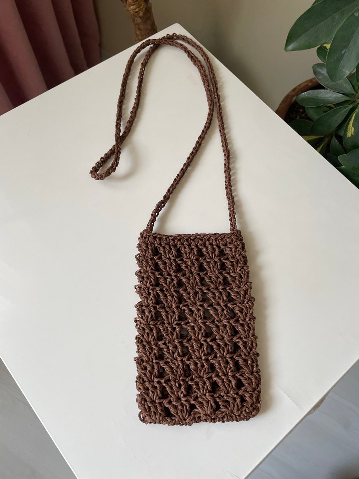 Acı kahve örgü hasır telefon çantası - Görsel 2