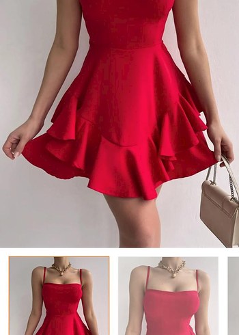Zara Kırmızı Straplez Fırfırlı Midi Elbise