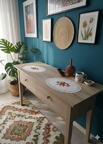 El İşlemeli Çiçek Desenli Oval sehpa masa Örtüleri - Görsel 2