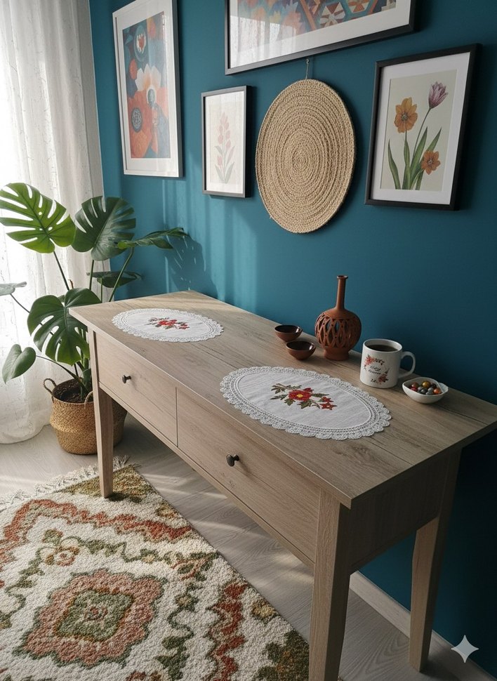 El İşlemeli Çiçek Desenli Oval sehpa masa Örtüleri - Görsel 2