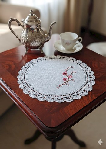 Kanaviçeli dantelli oda takımı runner seti - Görsel 2