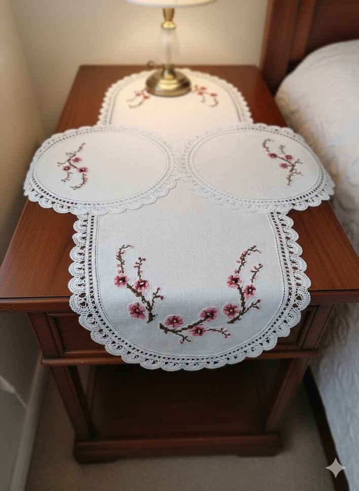 Kanaviçeli dantelli oda takımı runner seti - Görsel 3