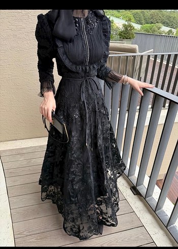 Dantel İşlemeli Uzun Siyah Gotik Abiye Elbise - Görsel 2