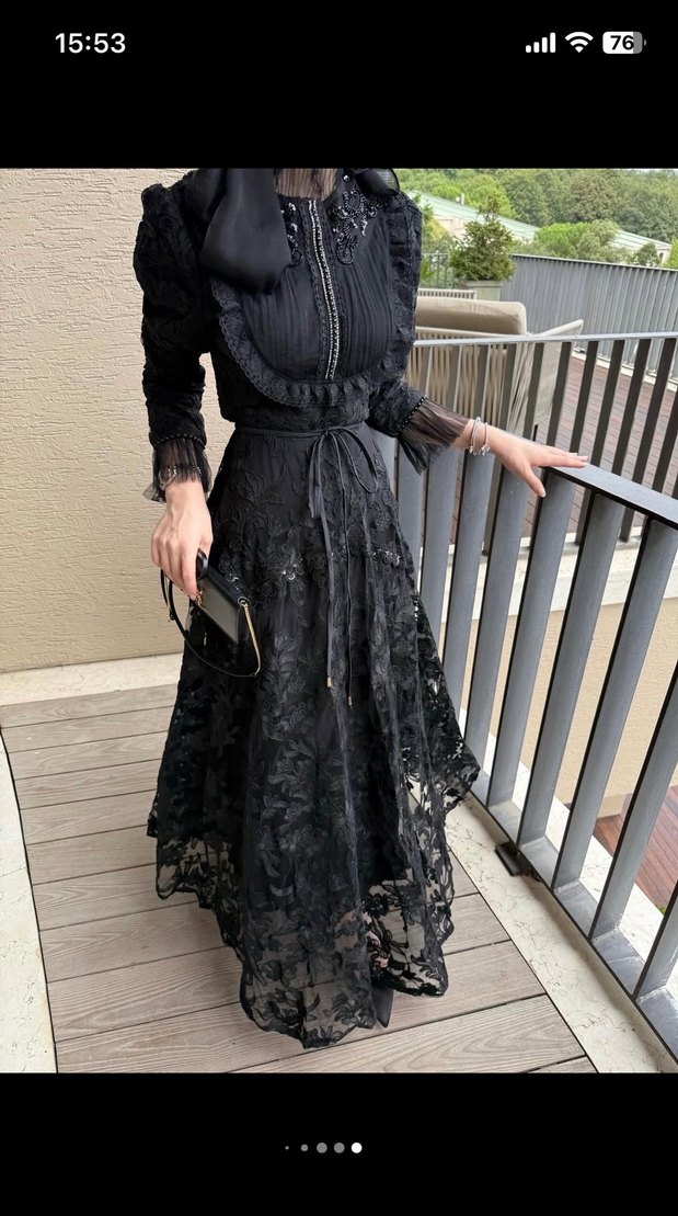 Dantel İşlemeli Uzun Siyah Gotik Abiye Elbise - Görsel 2