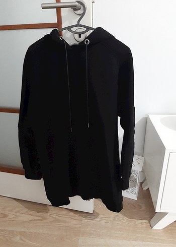 Kadın Siyah Kapüşonlu Sweatshirt uzun - Görsel 2