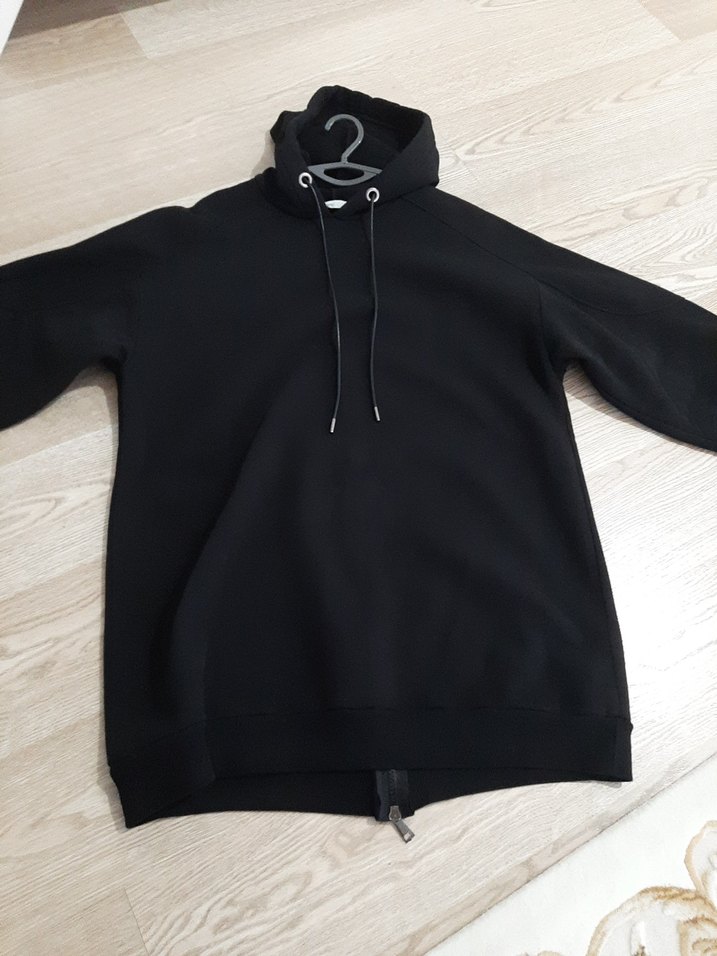 Kadın Siyah Kapüşonlu Sweatshirt uzun - Görsel 3