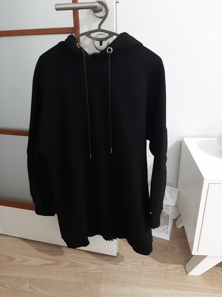 Kadın Siyah Kapüşonlu Sweatshirt uzun - Görsel 2