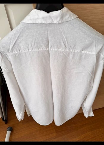 Beyaz pamuk Keten karışımlı Düğmeli Uzun Kollu Gömlek - Görsel 2