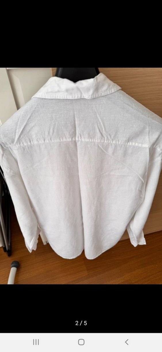 Beyaz pamuk Keten karışımlı Düğmeli Uzun Kollu Gömlek - Görsel 2