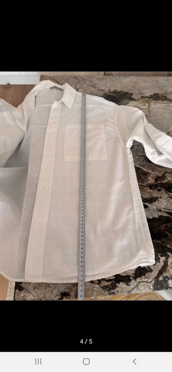 Beyaz pamuk Keten karışımlı Düğmeli Uzun Kollu Gömlek - Görsel 3