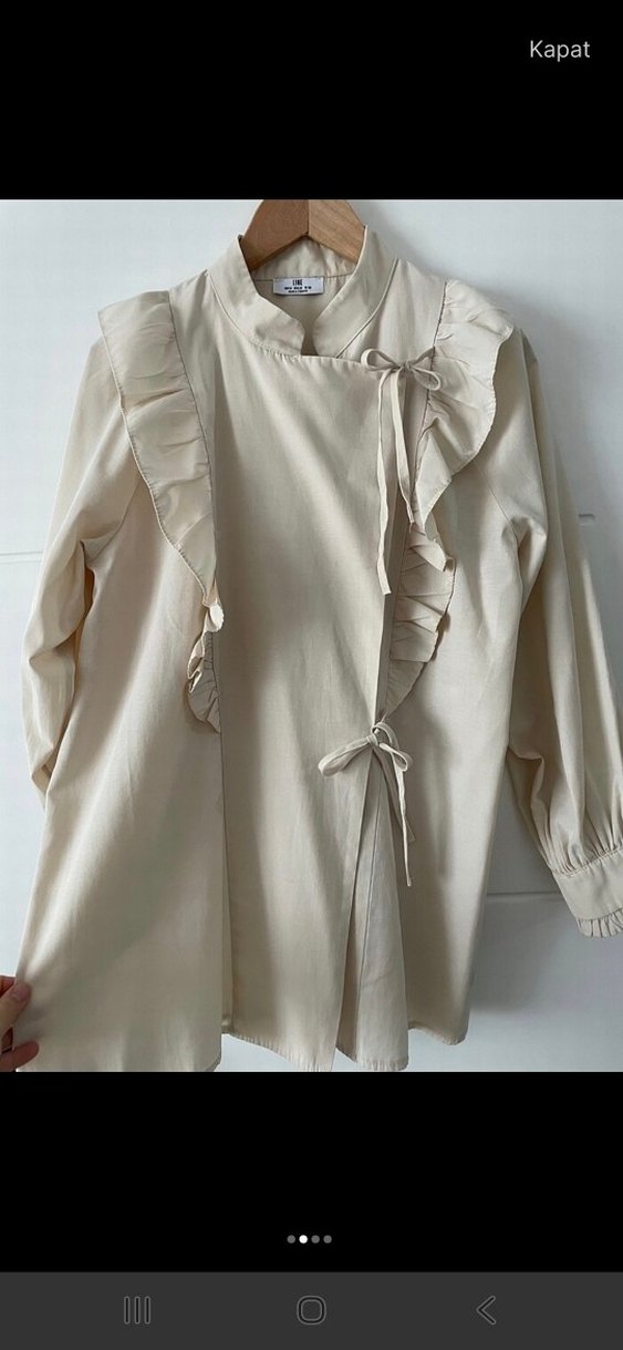 Bej Keten Kadın Fırfırlı Uzun Gömlek - Görsel 2