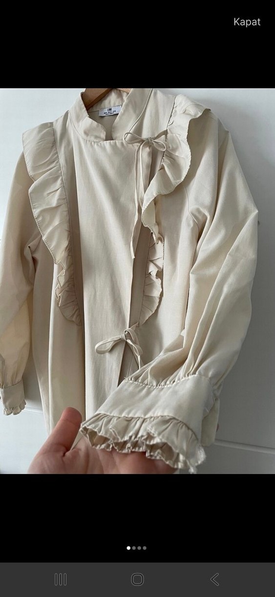 Bej Keten Kadın Fırfırlı Uzun Gömlek - Görsel 3