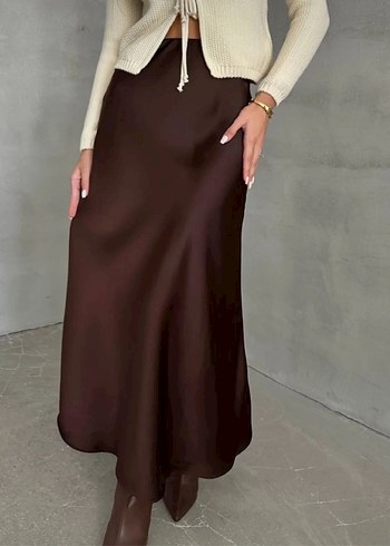 Kadın Kahverengi Uzun Saten Etek