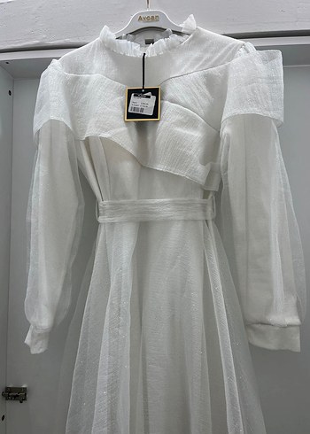 Beyaz Keten Uzun Elbise Yüksek Yakalı - Görsel 2