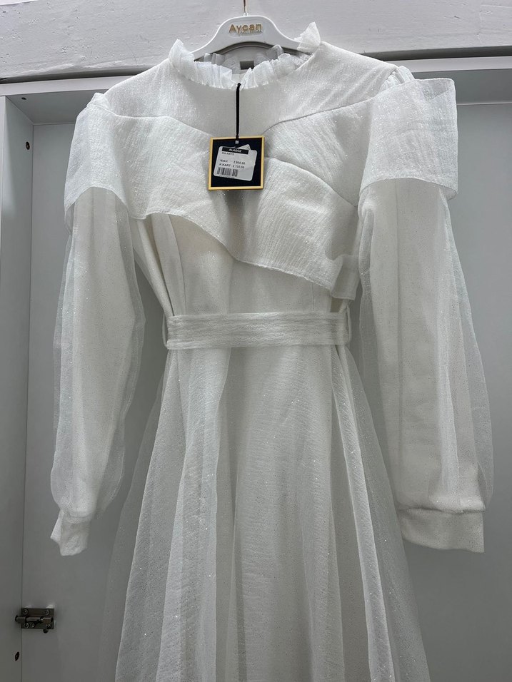 Beyaz Keten Uzun Elbise Yüksek Yakalı - Görsel 2