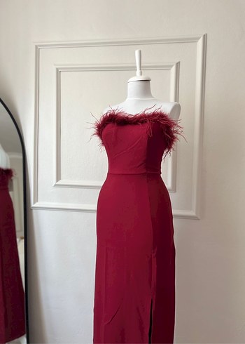 Bordo Straplez Uzun Kadın Elbise - Görsel 3