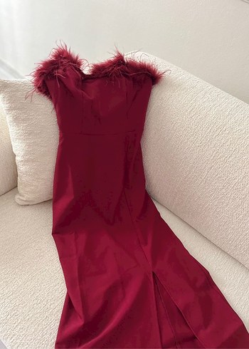 Bordo Straplez Uzun Kadın Elbise - Görsel 2