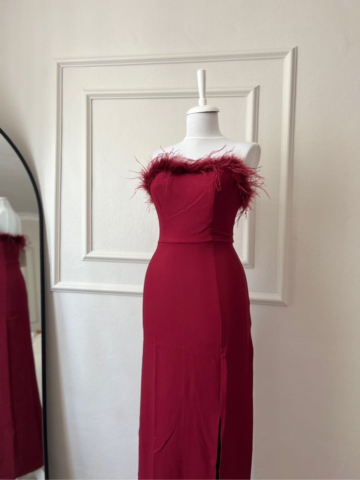 Bordo Straplez Uzun Kadın Elbise - Görsel 3