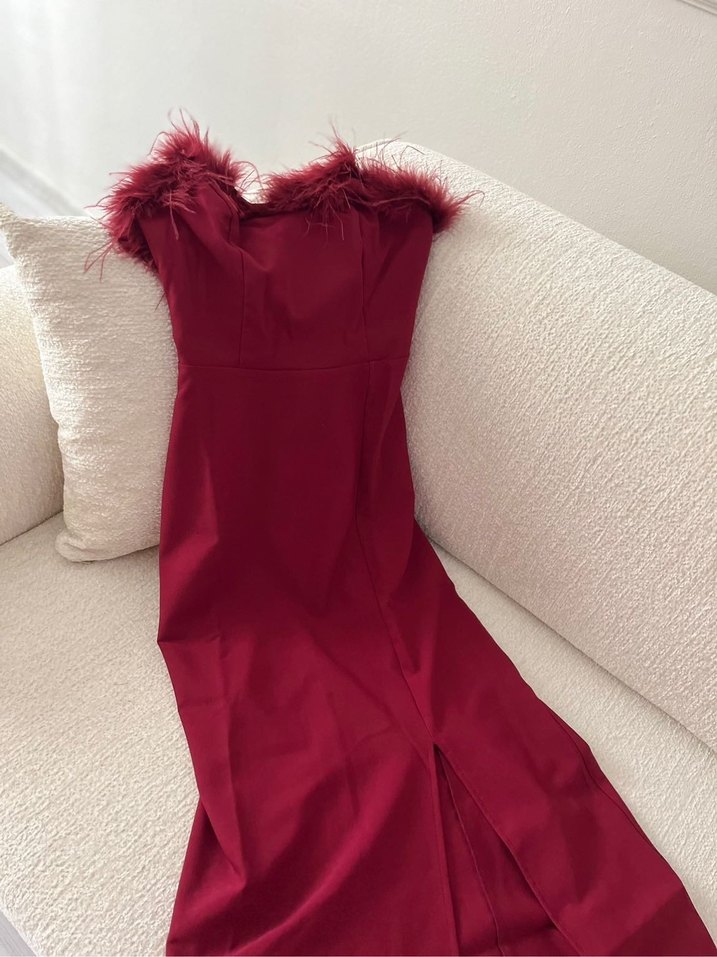 Bordo Straplez Uzun Kadın Elbise - Görsel 2