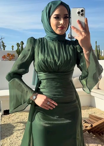 Parlak Haki Drapeli Uzun Abiye Elbise