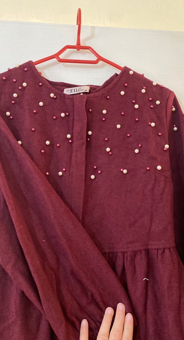 Bordo Uzun Kollu Nakışlı Bohem kaban - Görsel 3