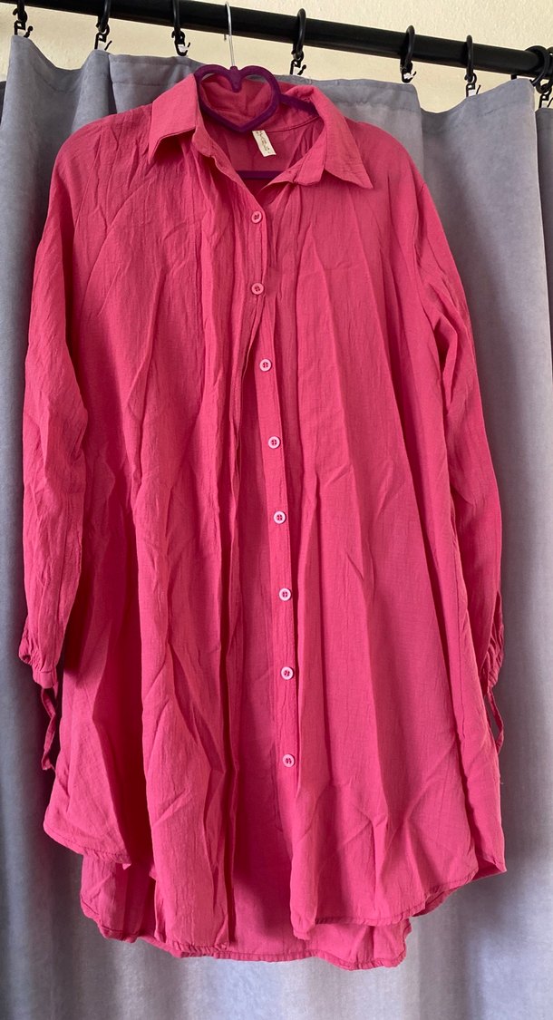 Pembe Keten Düğmeli Kadın Gömlek - Görsel 2