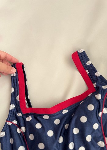 Mavi Puantiyeli Düğmeli Vintage Mayo - Görsel 3