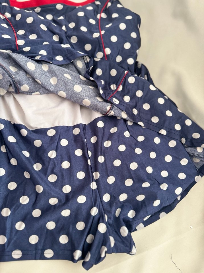 Mavi Puantiyeli Düğmeli Vintage Mayo - Görsel 2