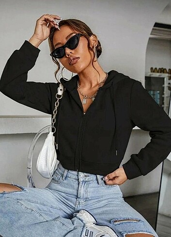 diğer Beden Kadın Fitted Crop Kapşonlu Zıp Fermuarlı Polar Hırka Sweatshirt