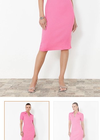 Pembe V Yaka Midi Kadın Elbise - Görsel 2