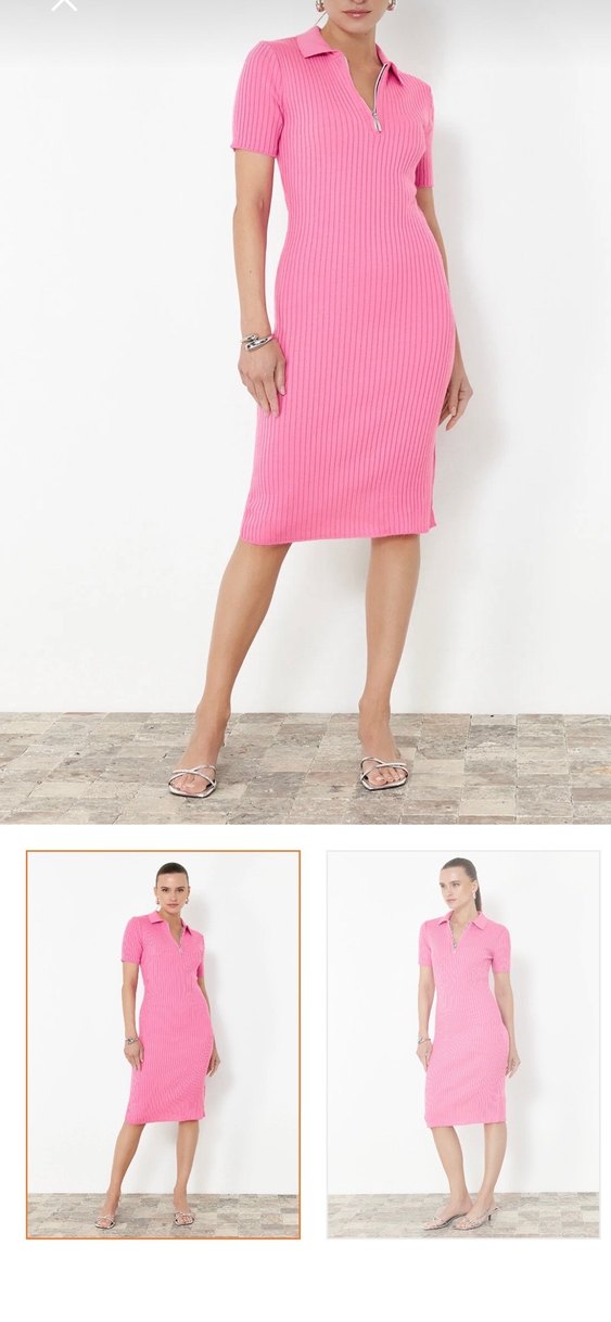 Pembe V Yaka Midi Kadın Elbise - Görsel 2