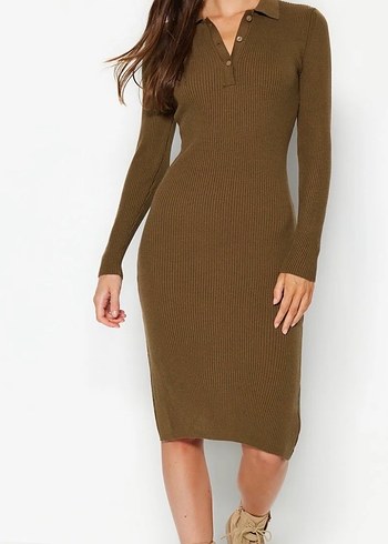 Kahverengi V Yaka Triko Midi Elbise - Görsel 2