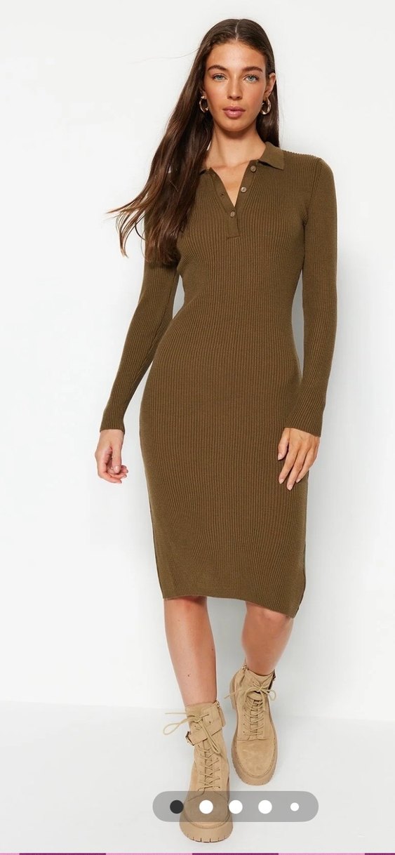 Kahverengi V Yaka Triko Midi Elbise - Görsel 2