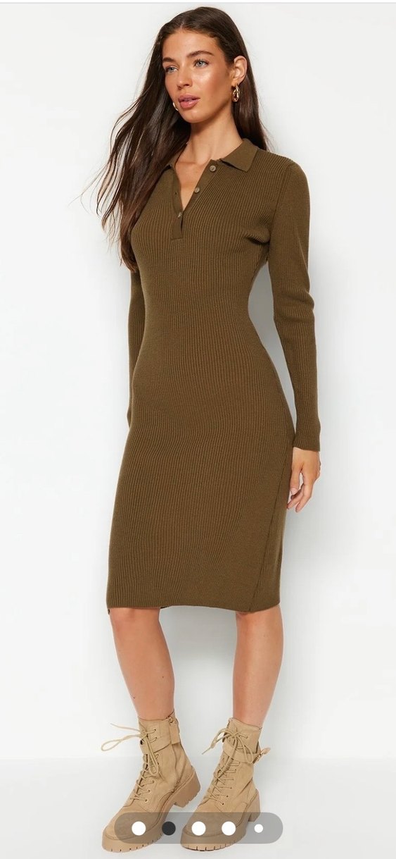 Kahverengi V Yaka Triko Midi Elbise - Görsel 3