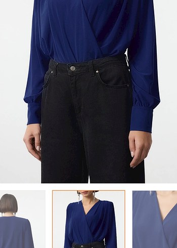 V Yaka Lacivert Kadın Denim Bluz(s-m) - Görsel 2