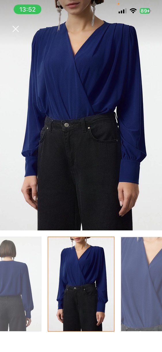 V Yaka Lacivert Kadın Denim Bluz(s-m) - Görsel 2