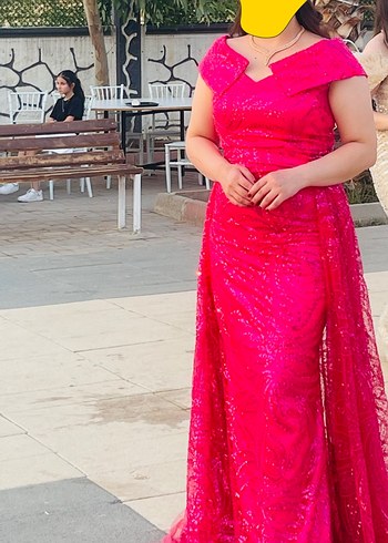 Özel dikim Pembe Dantel Uzun Abiye Elbise özel dikim kuyruklu - Görsel 4